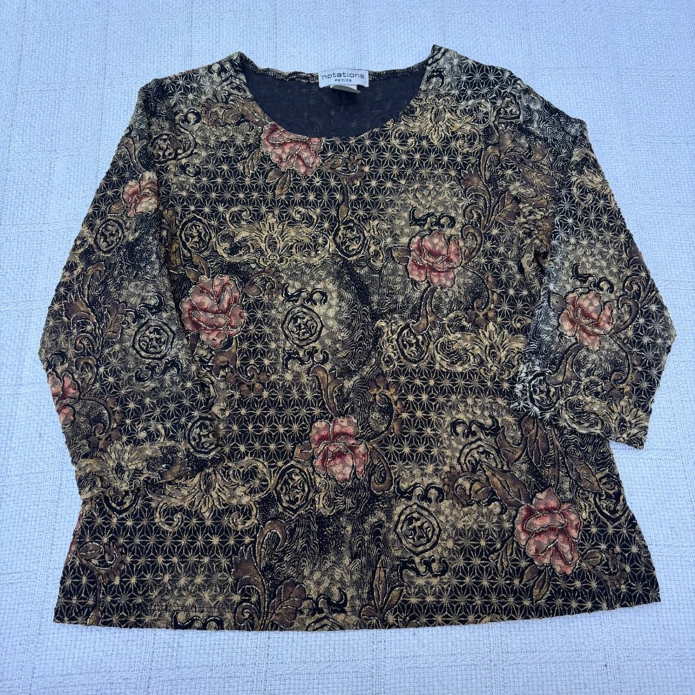Women's PM NOTATIONS Asian Inspired Gold Black Metallic Tapestry Floral Top